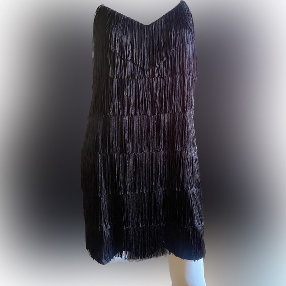 Ladies black fringe wiggle flapper go-go dress shift dance mod 30’s retro fab - Picture 3 of 3